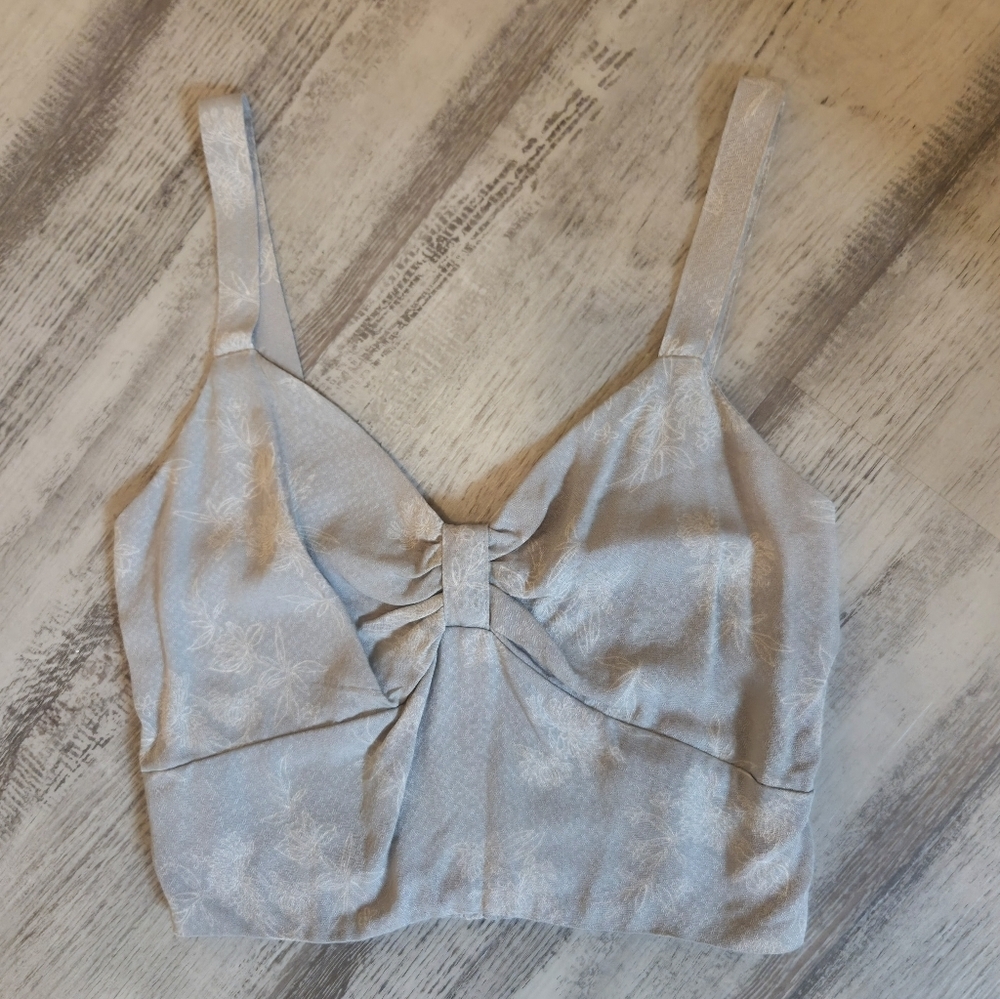 Final Touch Sage Green Floral Bustier Style Cinched Crop Top With Bow
